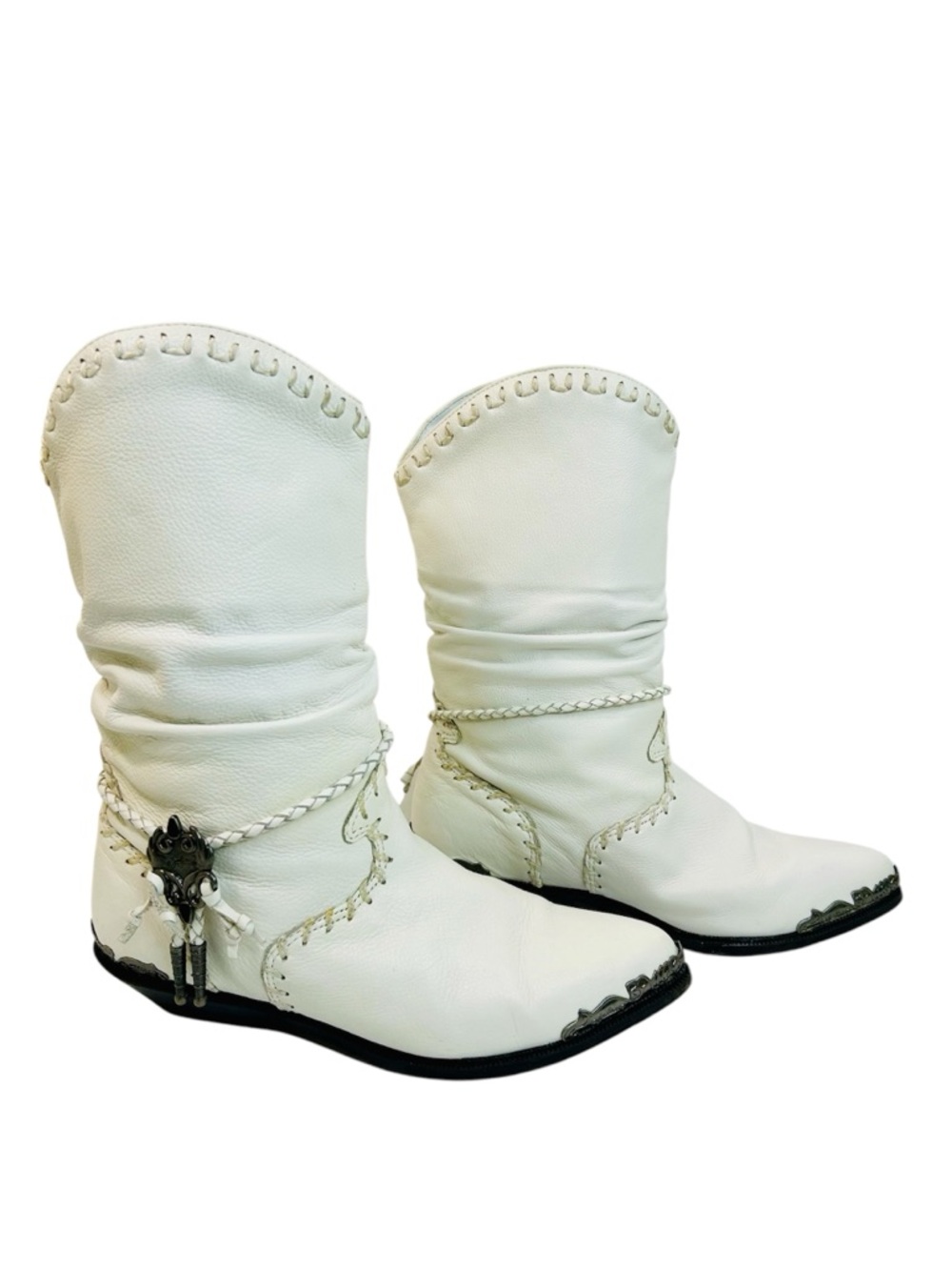 Vintage 80’s Zodiac White Leather Western Slouch Boots with Metal Accents size 7